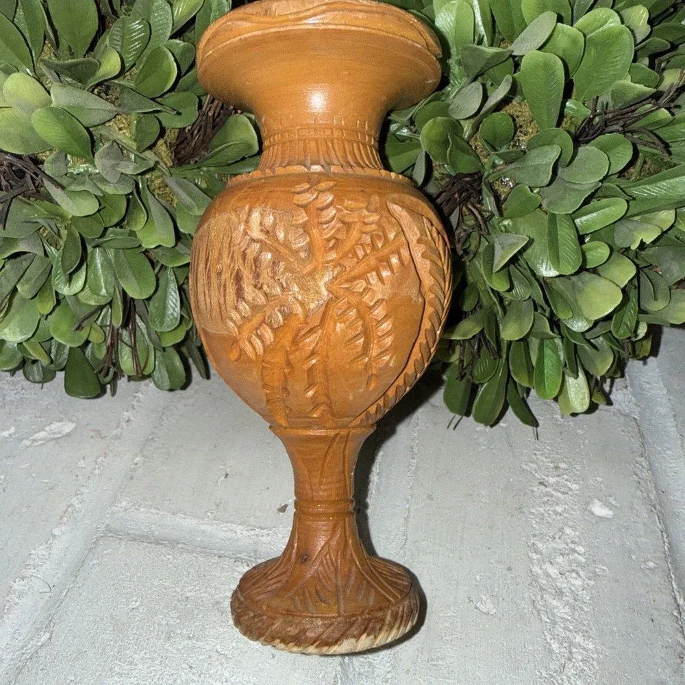 Olive Wood Vintage Vase Bird And Palm Tree Design‎ 6.25